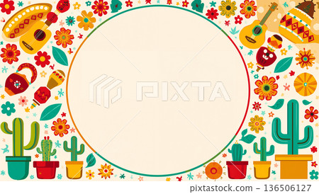 Festive Mexican border with traditional elements and copy space for celebrations 136506127