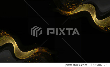 Elegant golden waves with sparkling particles flow across a dark background, creating a luxurious feel 136506128