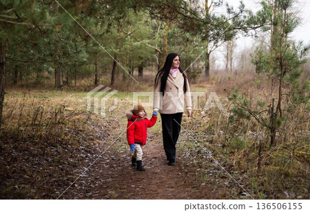 Young caucasian woman and small boy walk hand in hand on woodland path through pine tree forest during cool autumn or early winter day Young caucasian woman and small boy walk hand in hand on woodland path through pine tree forest during cool autumn or early winter day 136506155