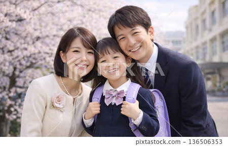 在入口儀式上，櫻花樹下拍攝的全家福，笑容燦爛。 136506353