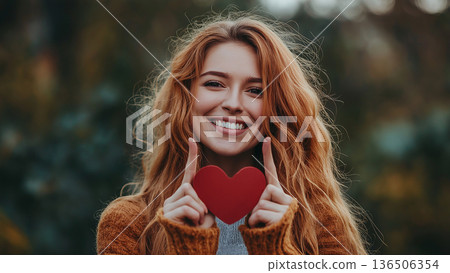 一位微笑的白人女性手捧一顆心 136506354