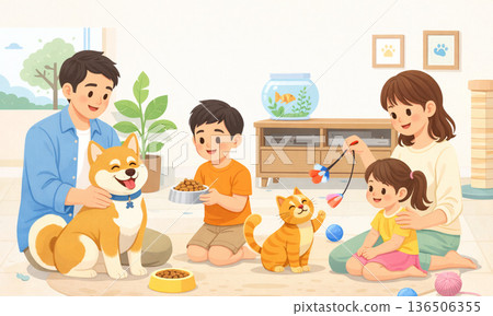 一幅生動的日常插圖，描繪了父母和孩子在客廳玩耍的場景。 136506355