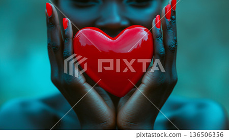 一位微笑的黑人女子手捧一顆心 136506356