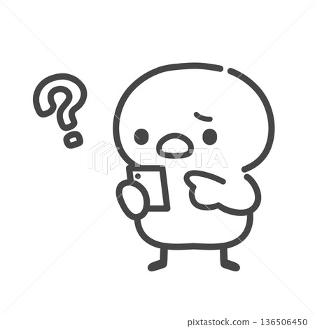 A hand-drawn line drawing of a chick holding a smartphone and worrying about something A hand-drawn line drawing of a chick holding a smartphone and worrying about something 136506450