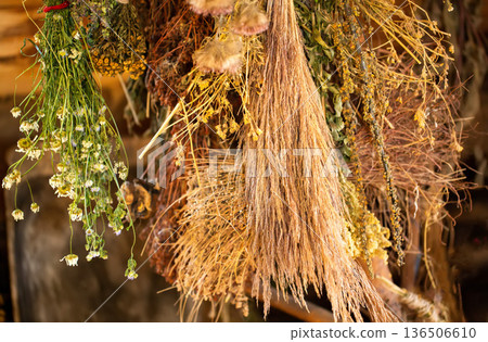 Dried bunches of medicinal herbs hang in a village herbal pharmacy. Mint, lemon balm, chamomile, and calendula are good for health, close-up 136506610