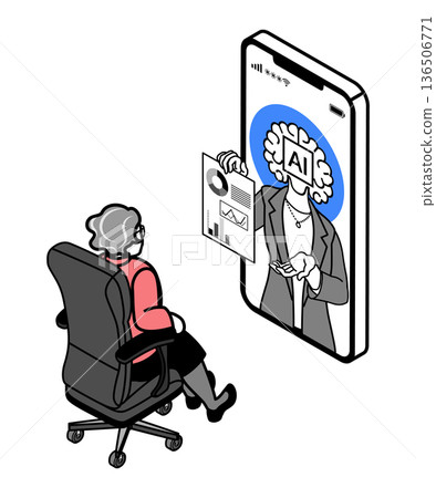一位年長的女性企業主正在透過智慧型手機諮詢擬人化的人工智慧。 136506771