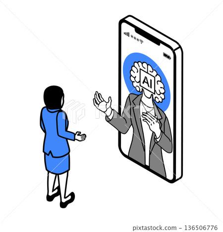 一位女上班族正在用智慧型手機諮詢擬人化的人工智慧。 一位女上班族正在用智慧型手機諮詢擬人化的人工智慧。 136506776
