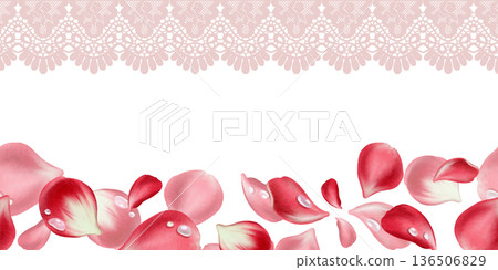 Passionate red petals with water droplets,soft pink openwork lace trim border.Romantic watercolor hues for Valentines Day,Mothers Day cards,wedding stationery,heartfelt celebrations Passionate red petals with water droplets,soft pink openwork lace trim border.Romantic watercolor hues for Valentines Day,Mothers Day cards,wedding stationery,heartfelt celebrations 136506829