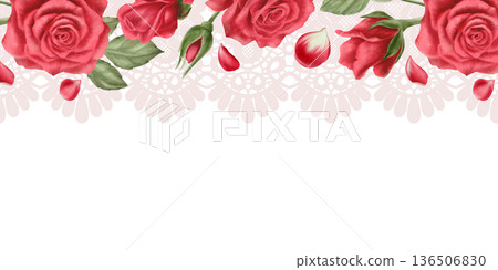 Passionate red roses,buds,scattered petals with soft pink openwork lace trim border.Romantic watercolor hues for Valentines Day,Mothers Day cards,wedding stationery,heartfelt celebrations 136506830