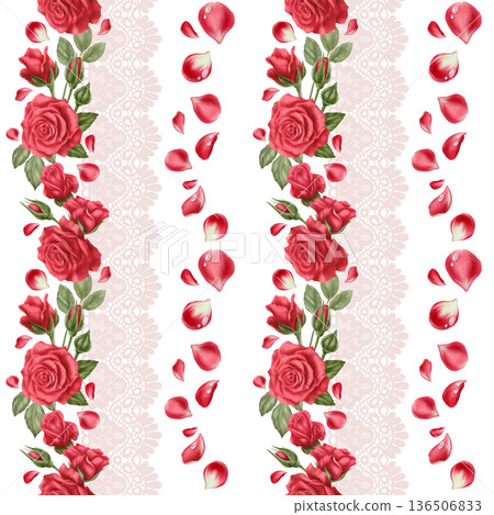 Passionate red roses,buds,scattered petals with soft pink openwork lace trim in seamless pattern.Romantic watercolor hues for Valentines Day,Mothers Day cards,wedding stationery,heartfelt celebrations Passionate red roses,buds,scattered petals with soft pink openwork lace trim in seamless pattern.Romantic watercolor hues for Valentines Day,Mothers Day cards,wedding stationery,heartfelt celebrations 136506833