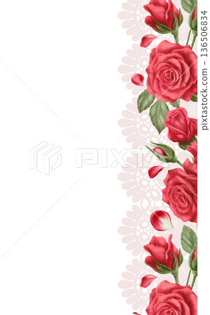 Passionate red roses,buds,scattered petals with soft pink openwork lace trim border,vertical template.Romantic watercolor hues for Valentines Day,Mothers Day cards,wedding stationery,celebrations Passionate red roses,buds,scattered petals with soft pink openwork lace trim border,vertical template.Romantic watercolor hues for Valentines Day,Mothers Day cards,wedding stationery,celebrations 136506834