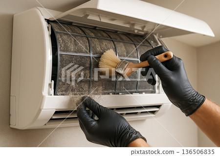 Air Conditioner Filter Cleaning With Brush Close Up Air Conditioner Filter Cleaning With Brush Close Up 136506835