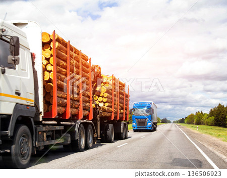 White logging truck transporting timber cargo on highway, blue semi-truck driving opposite direction, motion blur on forest road White logging truck transporting timber cargo on highway, blue semi-truck driving opposite direction, motion blur on forest road 136506923