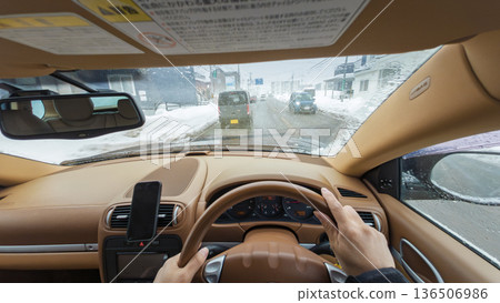 在冬季道路上行駛（POV 拍攝） 136506986