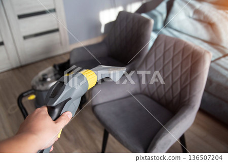 Cleaning process of upholstered furniture in a cozy living room during the day 136507204