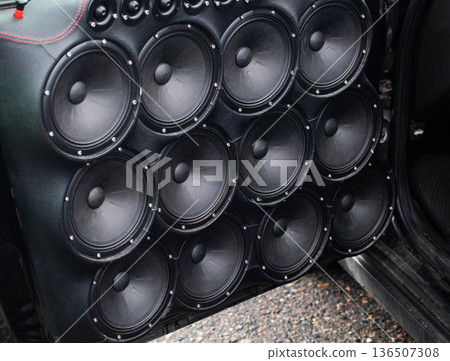 Extreme Car Door Modification Completely Filled With Array Of Speakers. Powerful Audio Installation For Maximum Sound Pressure. Extreme Car Door Modification Completely Filled With Array Of Speakers. Powerful Audio Installation For Maximum Sound Pressure. 136507308
