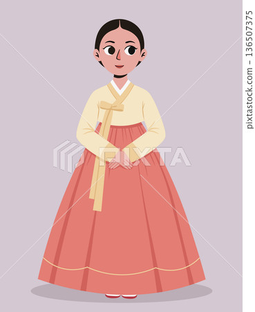 Graceful young woman wearing traditional korean hanbok dress, vector illustration isolated. Perfect for cultural events, heritage themes, and asian art 136507375