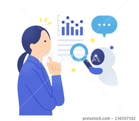 人工智慧分析並解釋圖表。圖中展示了人工智慧正在檢查數據，一位女商人從中獲得洞見。 136507382