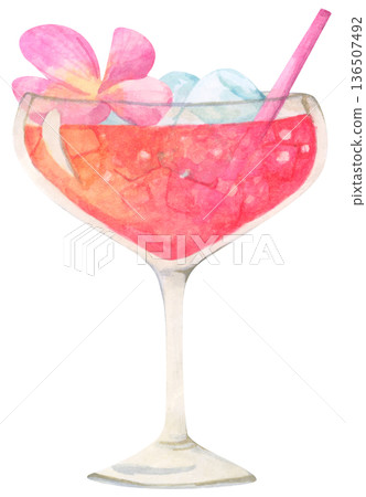 Watercolor summer drink cocktail set, tropical beverage glass with fruit juice, ice cubes, drinking straw, beach vibes coastal bar atmosphere, refreshing cold drink for summer vacation Watercolor summer drink cocktail set, tropical beverage glass with fruit juice, ice cubes, drinking straw, beach vibes coastal bar atmosphere, refreshing cold drink for summer vacation 136507492