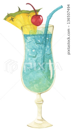 Watercolor summer drink cocktail set, tropical beverage glass with fruit juice, ice cubes, drinking straw, beach vibes coastal bar atmosphere, refreshing cold drink for summer vacation 136507494