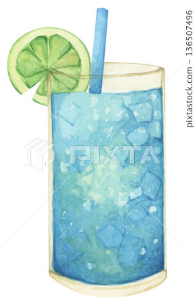 Watercolor summer drink cocktail set, tropical beverage glass with fruit juice, ice cubes, drinking straw, beach vibes coastal bar atmosphere, refreshing cold drink for summer vacation Watercolor summer drink cocktail set, tropical beverage glass with fruit juice, ice cubes, drinking straw, beach vibes coastal bar atmosphere, refreshing cold drink for summer vacation 136507496