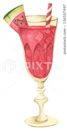 Watercolor summer drink cocktail set, tropical beverage glass with fruit juice, ice cubes, drinking straw, beach vibes coastal bar atmosphere, refreshing cold drink for summer vacation Watercolor summer drink cocktail set, tropical beverage glass with fruit juice, ice cubes, drinking straw, beach vibes coastal bar atmosphere, refreshing cold drink for summer vacation 136507497
