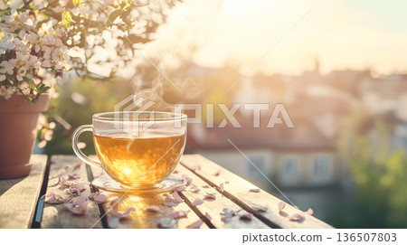 Hot cup of tea on wooden table with blooming flowers and warm sunlight creating a serene atmosphere 136507803