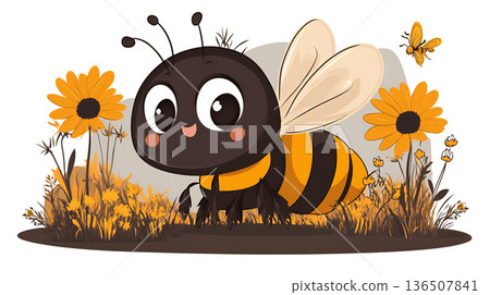 Cute little bee illustration among sunflowers and plants Cute little bee illustration among sunflowers and plants 136507841