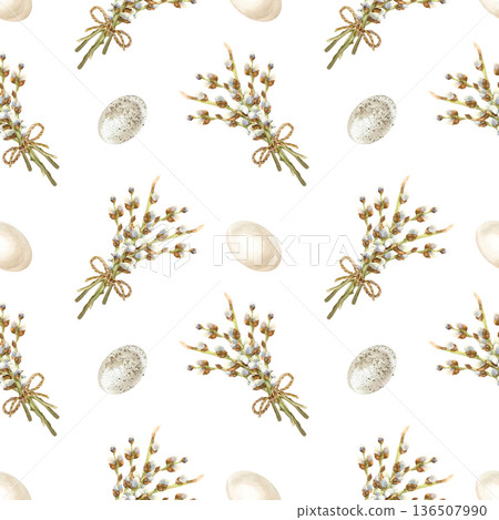 Easter seamless pattern with eggs and willow branches. Hand drawn watercolor illustration. Pastel clip art for wrapping paper, fabric and scrapbooking. Easter seamless pattern with eggs and willow branches. Hand drawn watercolor illustration. Pastel clip art for wrapping paper, fabric and scrapbooking. 136507990