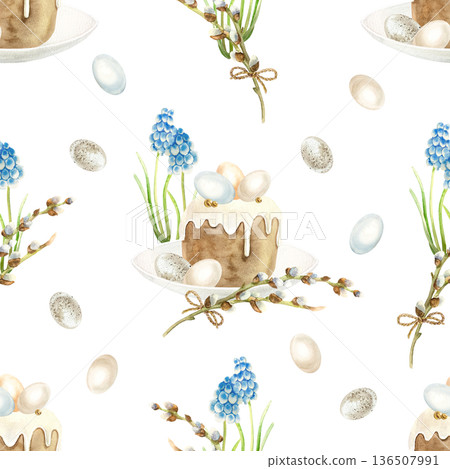 Easter seamless pattern with Easter cake, eggs, muscari flowers and willow branches. Hand drawn watercolor illustration. Pastel clip art for wrapping paper, fabric and scrapbooking. Easter seamless pattern with Easter cake, eggs, muscari flowers and willow branches. Hand drawn watercolor illustration. Pastel clip art for wrapping paper, fabric and scrapbooking. 136507991