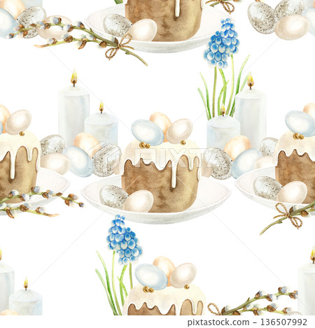 Easter cake seamless pattern. Glazed pastry decorated with eggs, willow branches, muscari flowers and candles. Hand drawn watercolor illustration for wrapping paper, fabric and scrapbooking. 136507992