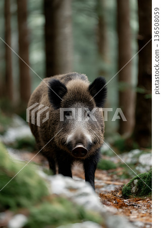 Wild boar walking through a lush forest, surrounded by green foliage and trees, showcasing its natural habitat and behavior in a serene woodland environment 136508059