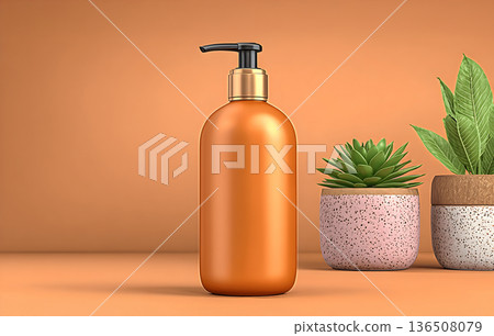 Orange cosmetic bottle with plants on minimalistic background 136508079