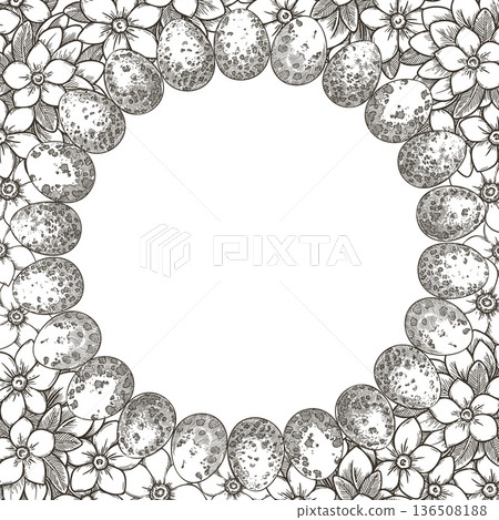 Square background with quail Easter egg wreath and flower in vintage sketch style. Hand drawn line vector design. Floral frame with copy space. Perfect for greeting card and spring holiday template. Square background with quail Easter egg wreath and flower in vintage sketch style. Hand drawn line vector design. Floral frame with copy space. Perfect for greeting card and spring holiday template. 136508188