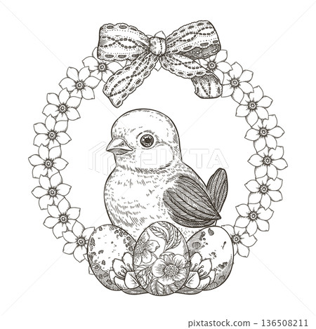Baby chick with Easter eggs flower background in cute vintage sketch style. Black and white line graphic creates holiday concept. Perfect for spring greeting card. Ideal for sticker or nursery decor. 136508211
