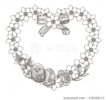 Heart shape wreath with rose flower and Easter eggs in vintage style. Hand drawn vector line art festive design. Graphic sketch drawing for greeting card template. Perfect for spring holiday season. Heart shape wreath with rose flower and Easter eggs in vintage style. Hand drawn vector line art festive design. Graphic sketch drawing for greeting card template. Perfect for spring holiday season. 136508213