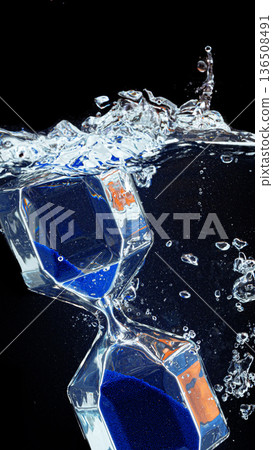Hourglass placed in water creates splashes and bubbles in a dark setting Hourglass placed in water creates splashes and bubbles in a dark setting 136508491