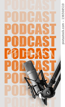 Podcast recording setup with microphone and repeating text backdrop in simple design 136508510