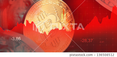 Bitcoin price drop shows red trend lines and market data on a digital display screen Bitcoin price drop shows red trend lines and market data on a digital display screen 136508512