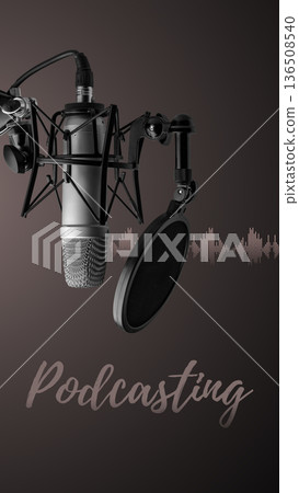 Recording a podcast with a microphone and sound wave graphic in a dark setting Recording a podcast with a microphone and sound wave graphic in a dark setting 136508540