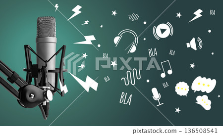 Podcast setup with microphone and sound elements for talking and sharing ideas Podcast setup with microphone and sound elements for talking and sharing ideas 136508541