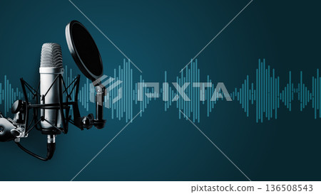 Podcast recording setup with microphone and sound waves in background 136508543