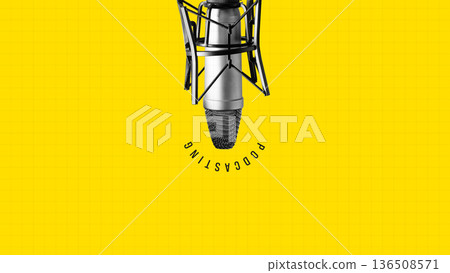 Recording a podcast with a microphone on a bright yellow background 136508571