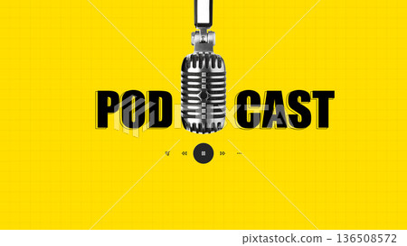 Podcast microphone with yellow background showing title and playback controls 136508572