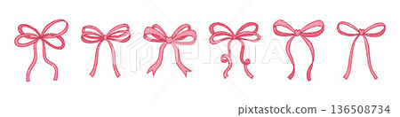 Cute pink coquette bows and knotted ribbons with grunge texture. Hand-drawn crayon bows in whimsical style. Various sketched girly vintage accessories in romantic aesthetic. Vector set Cute pink coquette bows and knotted ribbons with grunge texture. Hand-drawn crayon bows in whimsical style. Various sketched girly vintage accessories in romantic aesthetic. Vector set 136508734