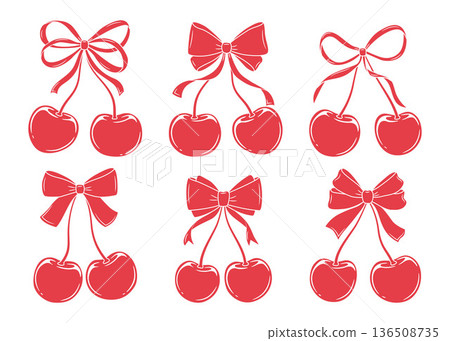 Cute cherry and bow collection in coquette style. Retro Y2K girly decorative elements with ribbons. Whimsical hand-drawn vector illustration. Romantic aesthetic decorations for Valentines Day. Cute cherry and bow collection in coquette style. Retro Y2K girly decorative elements with ribbons. Whimsical hand-drawn vector illustration. Romantic aesthetic decorations for Valentines Day. 136508735