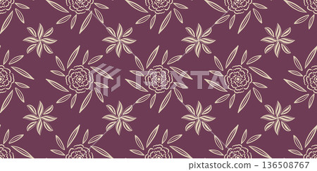 Muted purple botanical composition with elegant hand drawn flowers 136508767