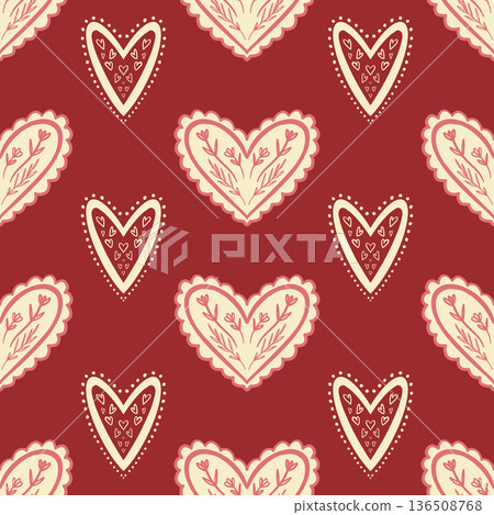 Romantic folk hearts with decorative floral details and cozy character Romantic folk hearts with decorative floral details and cozy character 136508768