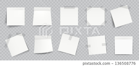 White 3d paper note. Realistic sticky memo page with adhesive tape, blank rolled paper sheet for information board. Empty important reminder for message, office notice and checklist. Vector set White 3d paper note. Realistic sticky memo page with adhesive tape, blank rolled paper sheet for information board. Empty important reminder for message, office notice and checklist. Vector set 136508776
