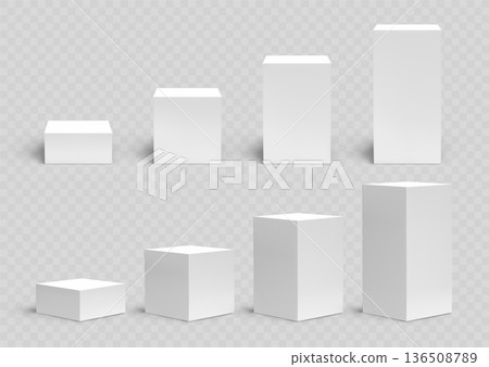 White 3d podium. Realistic product platform, blank pedestal. Exhibition stage, cube display in perspective. Showcase in empty studio room. Presentation stand, cosmetic box packaging. Vector set White 3d podium. Realistic product platform, blank pedestal. Exhibition stage, cube display in perspective. Showcase in empty studio room. Presentation stand, cosmetic box packaging. Vector set 136508789
